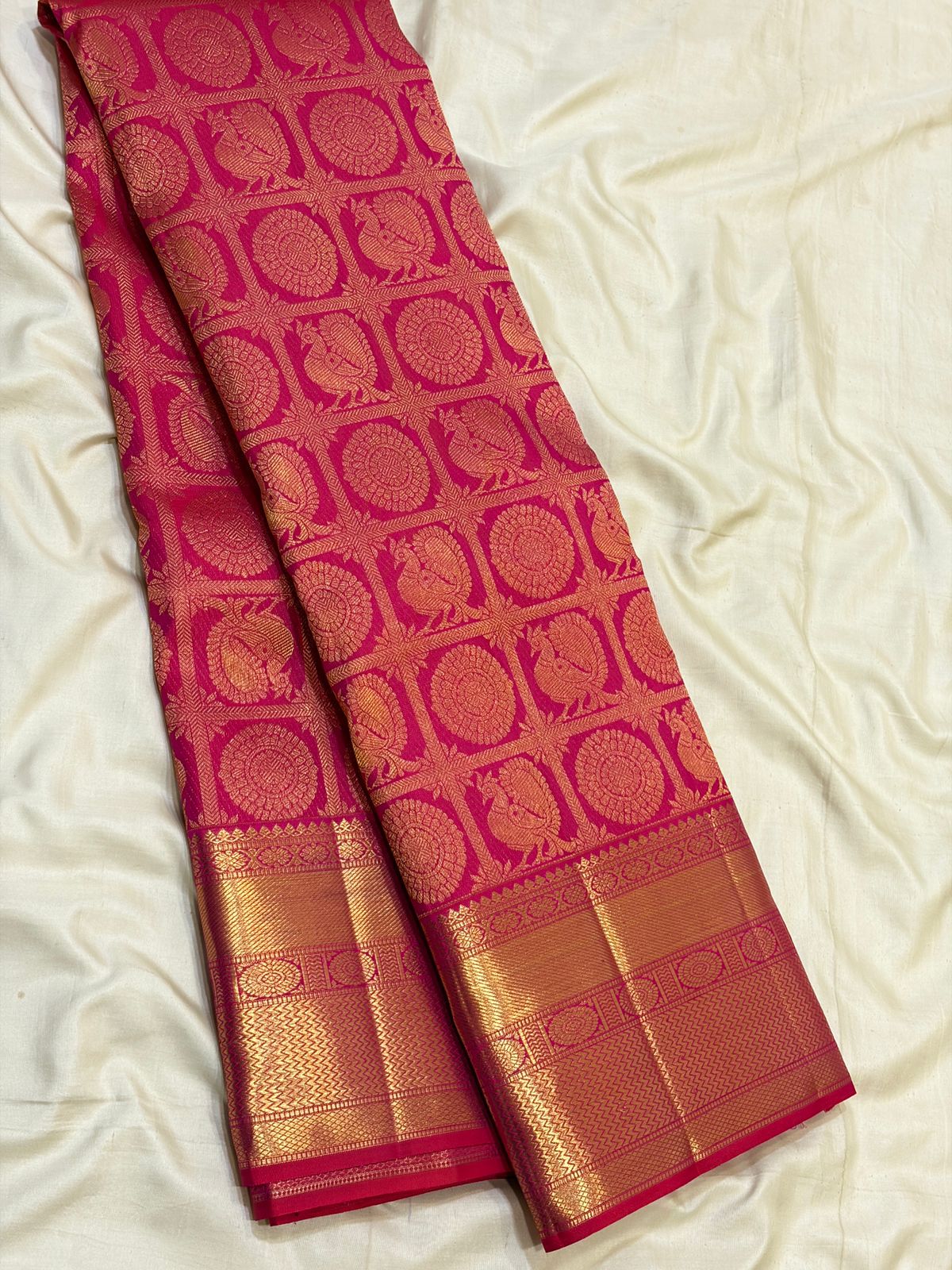Rani Pink Peacock Brocade Kanchipuram Bridal Silk Saree